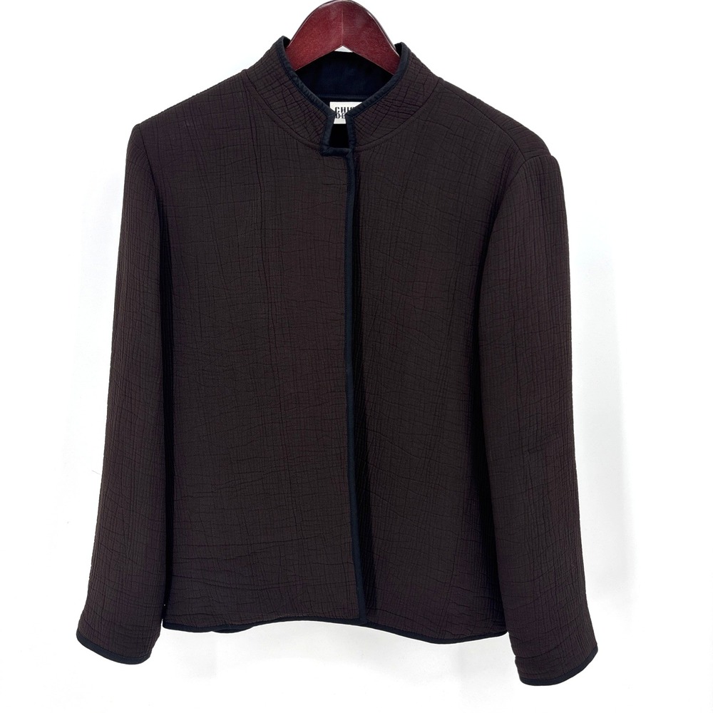 Chicos Design Crinkle Textured Brown Black Silk Rayon Jacket Medium Open Front